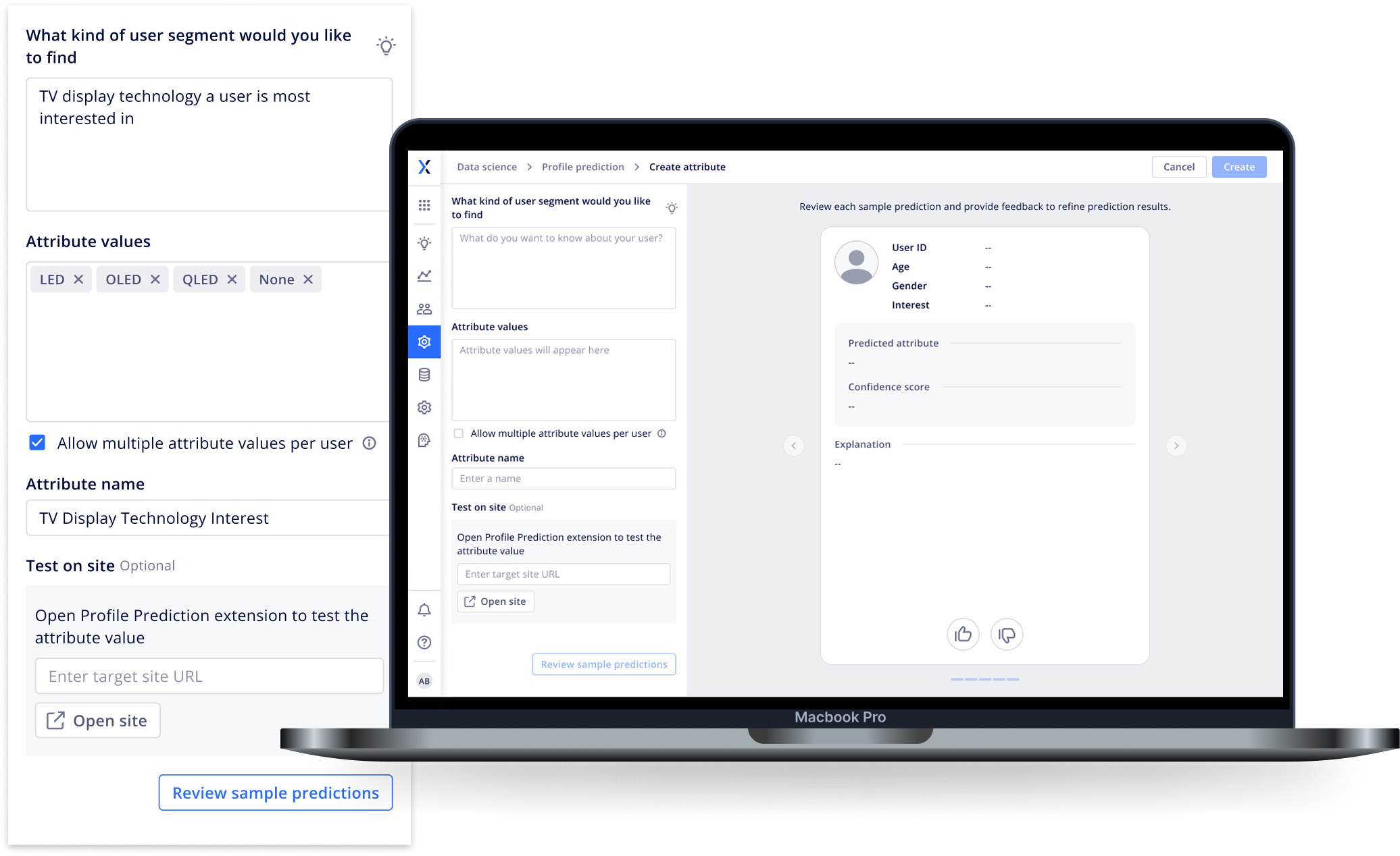 Define attribute screen: naming the attribute, setting values, and previewing predictions