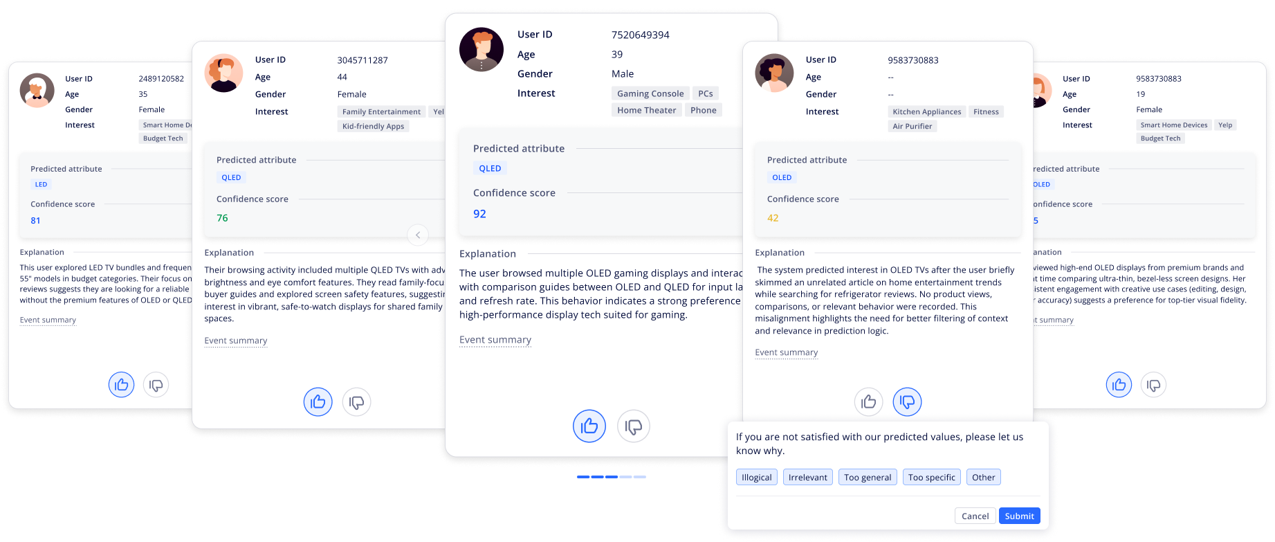 Sample prediction cards showing predicted attribute, confidence score, explanation, and thumbs feedback