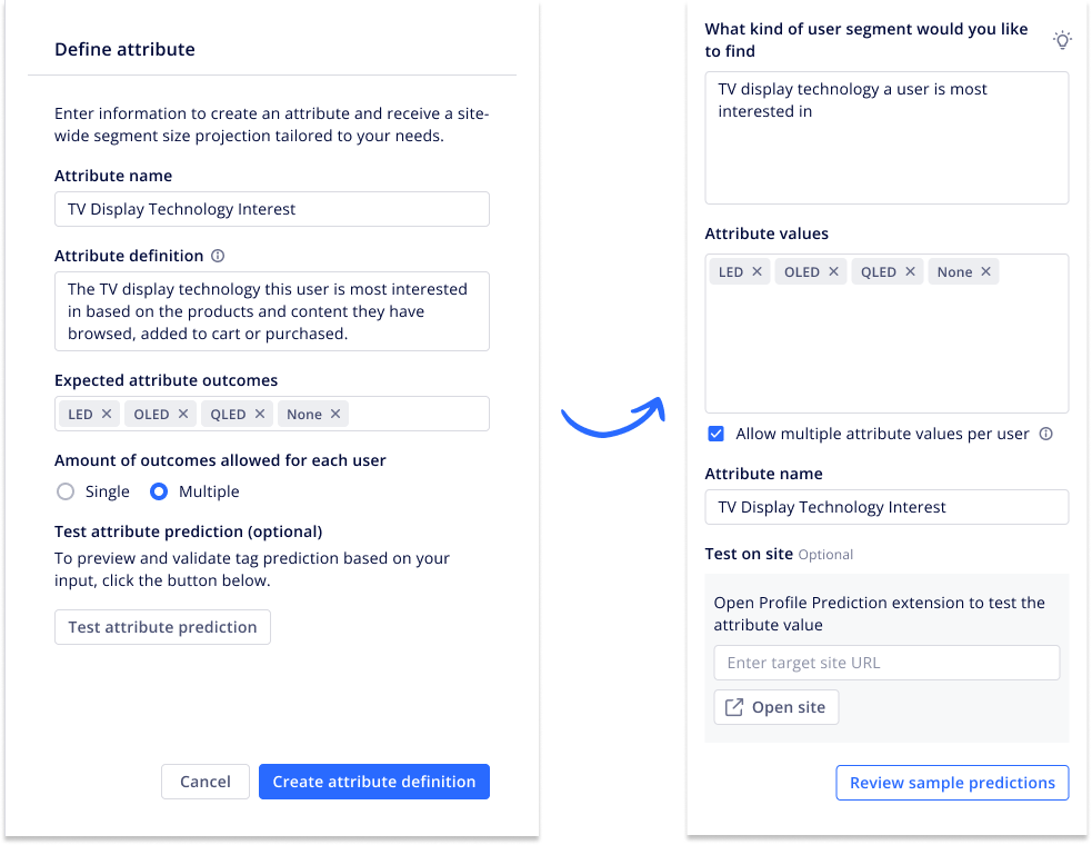 Iteration on the side-panel layout for defining an attribute and previewing predictions