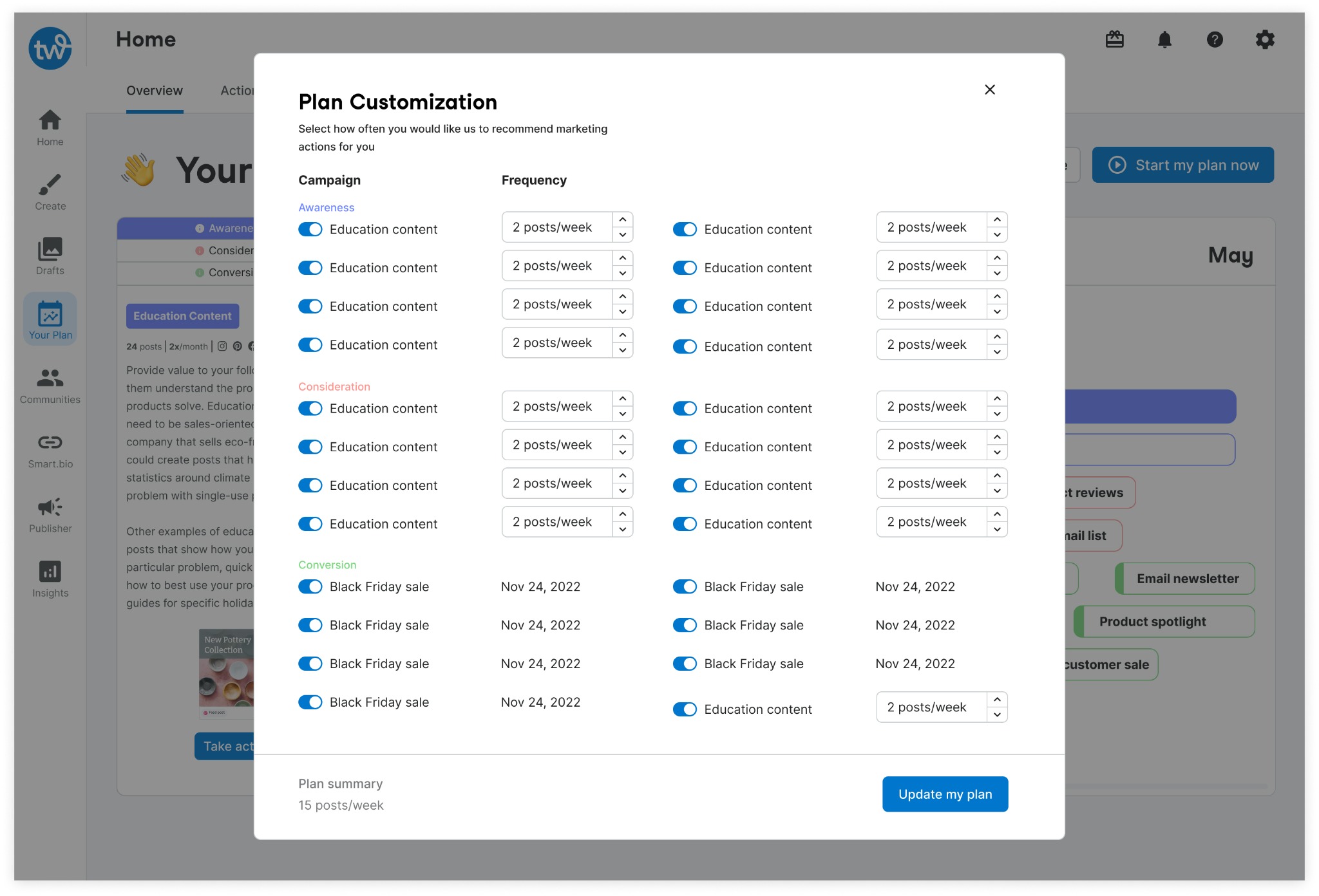 Plan customization modal where owners adjust how often each campaign type is recommended