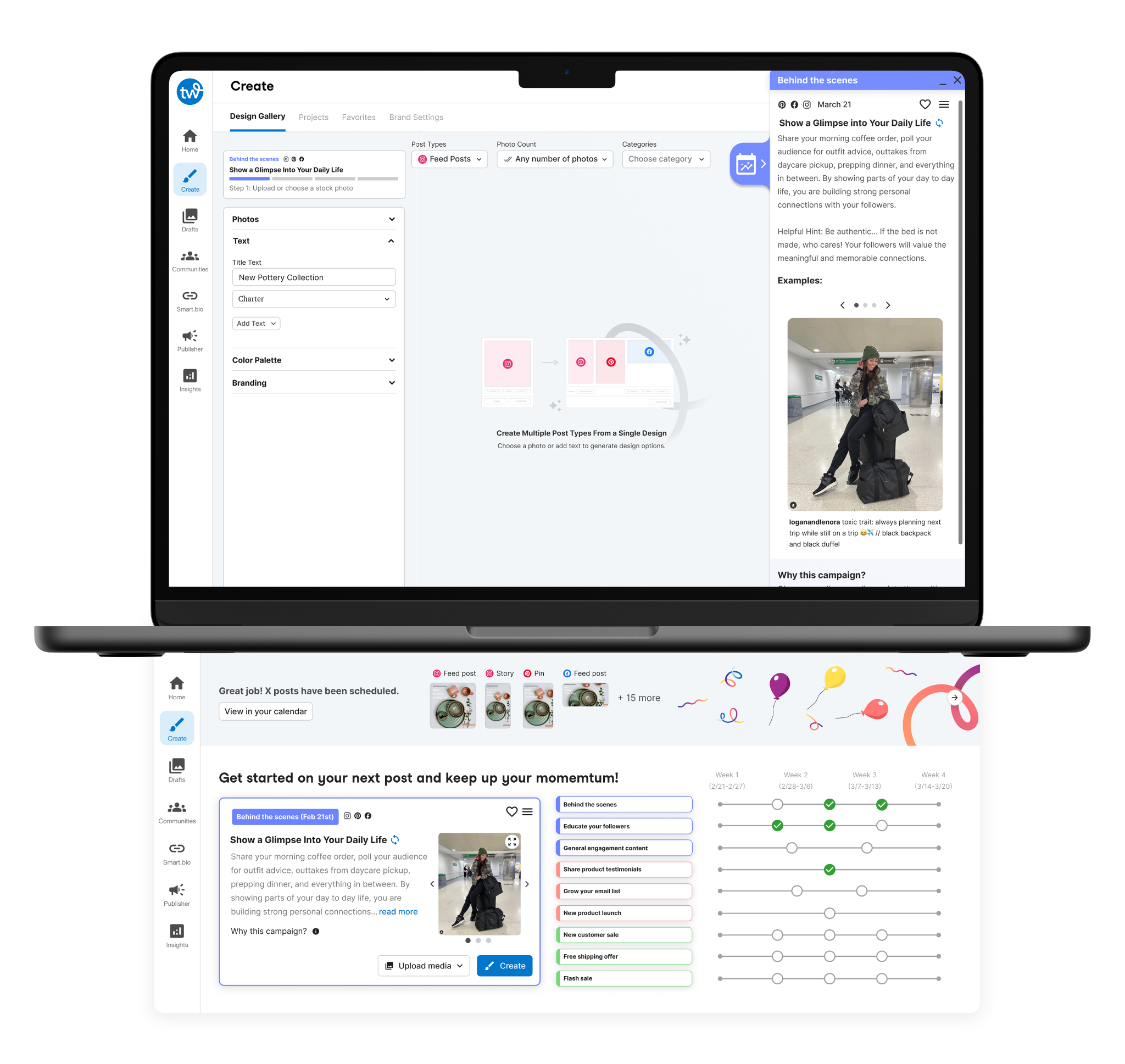 The guided flow from prompt card through design to a scheduled post, ending on a success recap and progress tracker