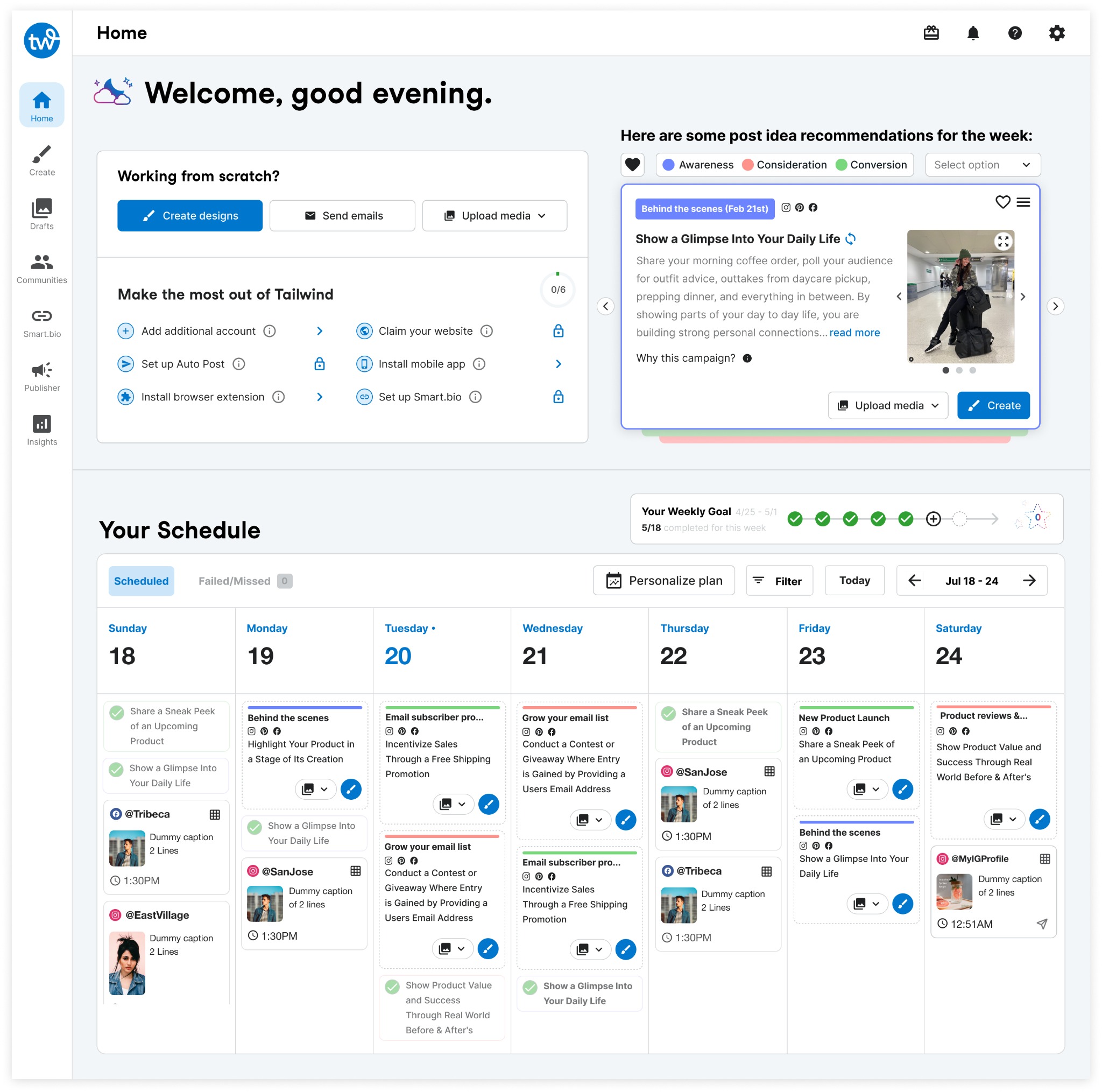 The Hub home screen with the weekly posting schedule