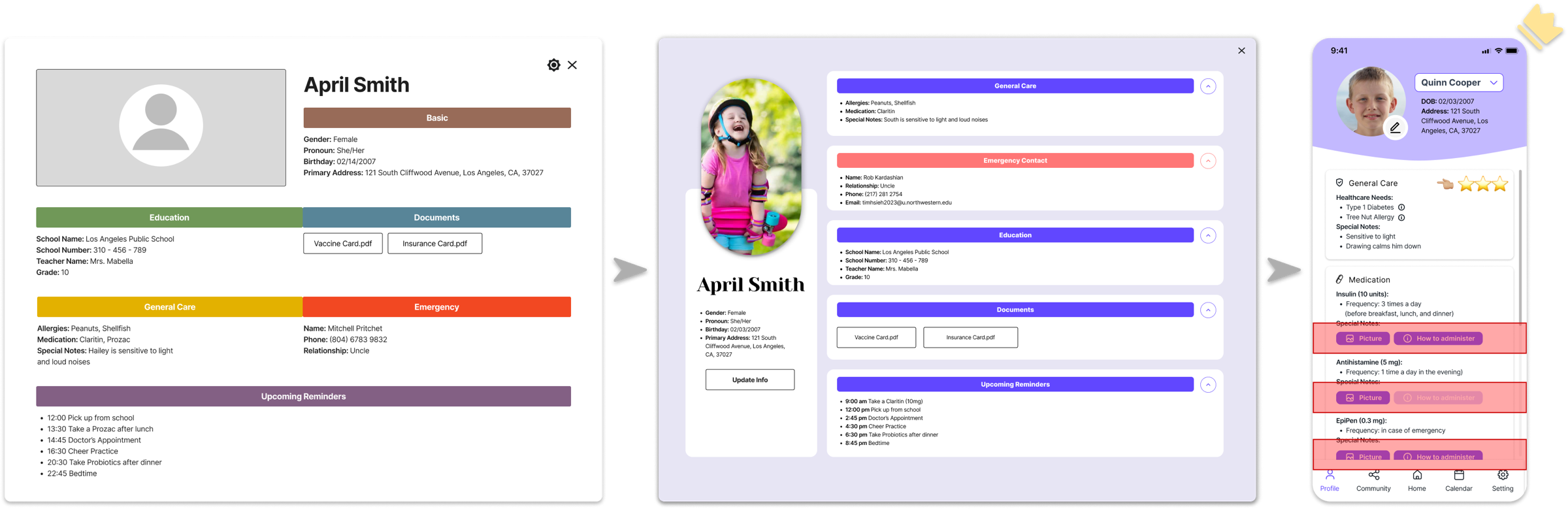 Before and after of the profile screen information hierarchy — lo-fi to mid-fi to hi-fi showing the reordering