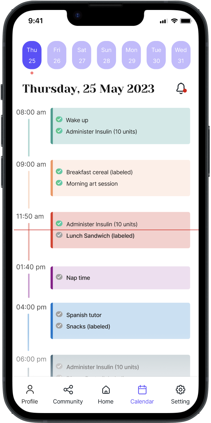 Kidsync calendar checklist for Thursday 25 May showing completed and upcoming care tasks