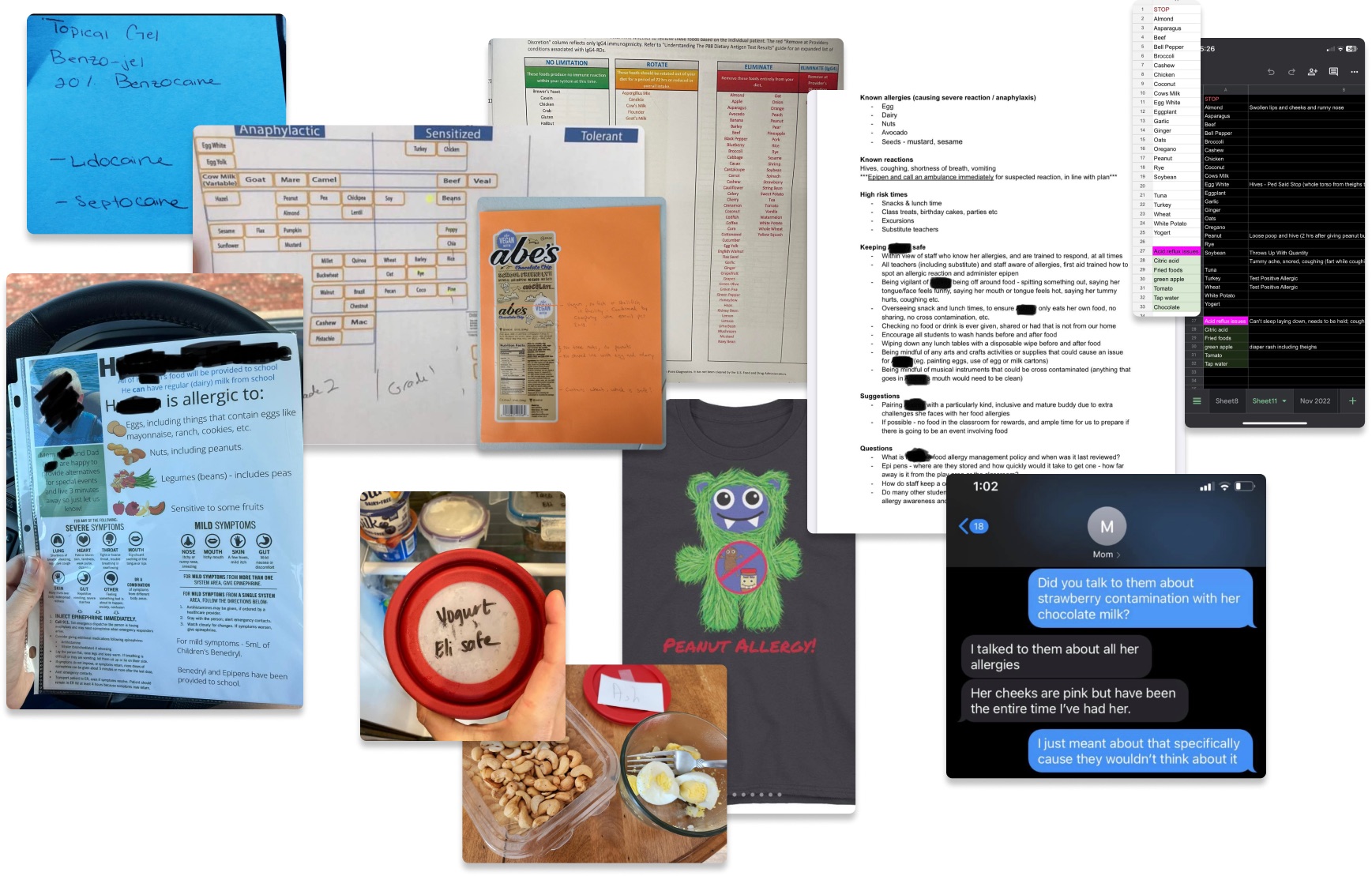 Current solutions parents use: handwritten notes, printed sheets, color-coded containers, text messages, and spreadsheets