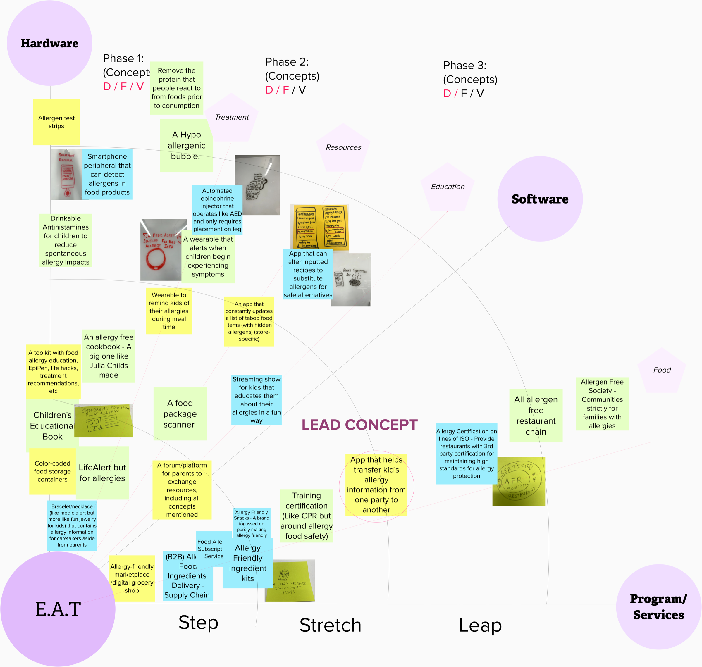 Opportunity map showing lead concept: an app that helps transfer a kid's allergy information from one party to another
