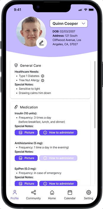 Kidsync care profile scrolling through Quinn Cooper's healthcare needs, medication, and EpiPen instructions