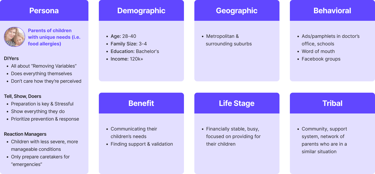 Consumer segmentation matrix: DIYers, Tell Show Doers, Reaction Managers — with demographic, geographic, and behavioral attributes